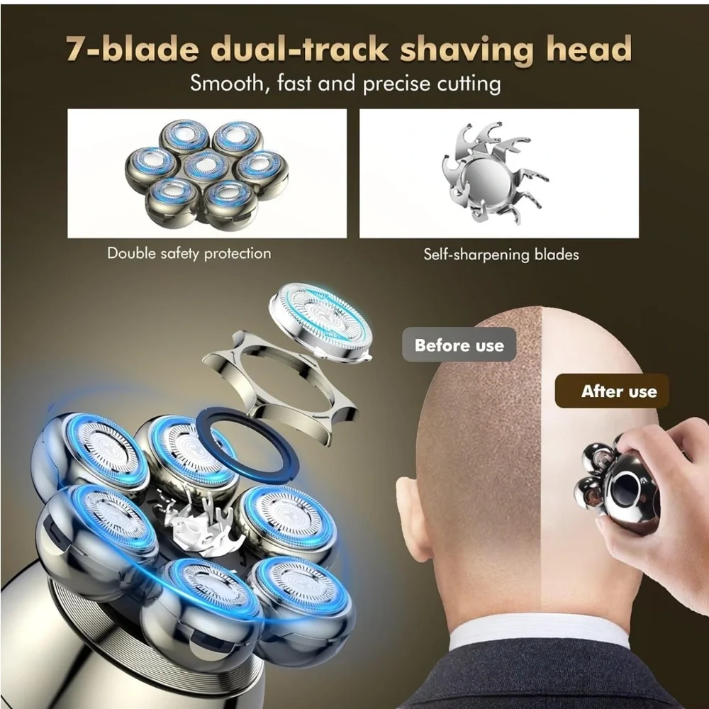 NEW! 7D Wireless Bald Head Shavers Waterproof Wet/Dry LED Display Type-C Charge